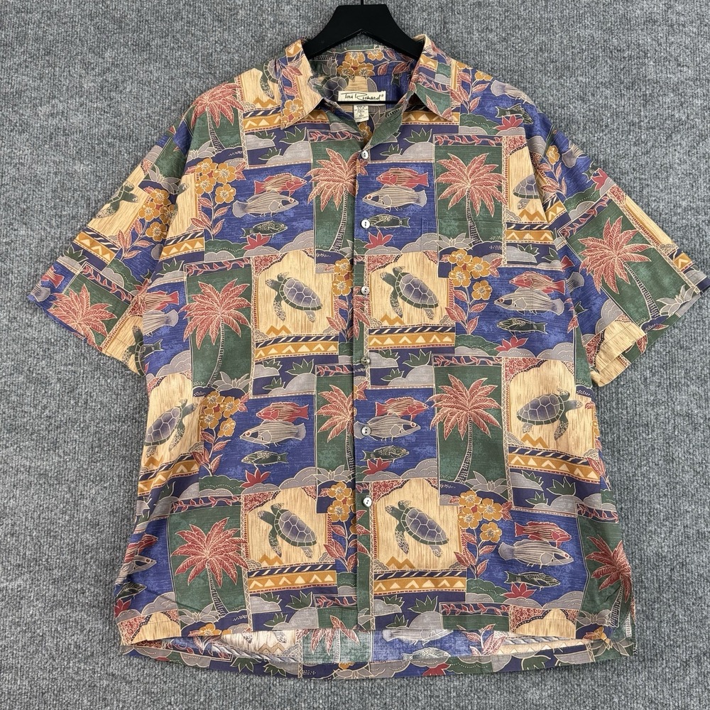 Tori Richard Button Up Shirt Mens L Multicolor Turtle Palm Trees Hawaiian USA - Picture 1 of 11